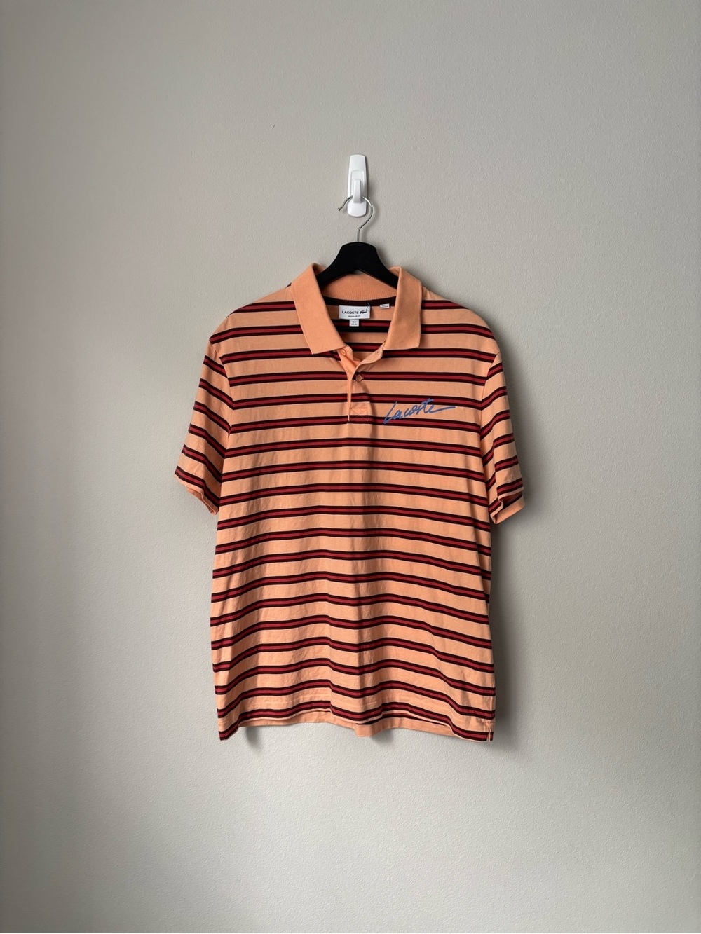 Lacoste Peach and Burgundy Striped Polo
